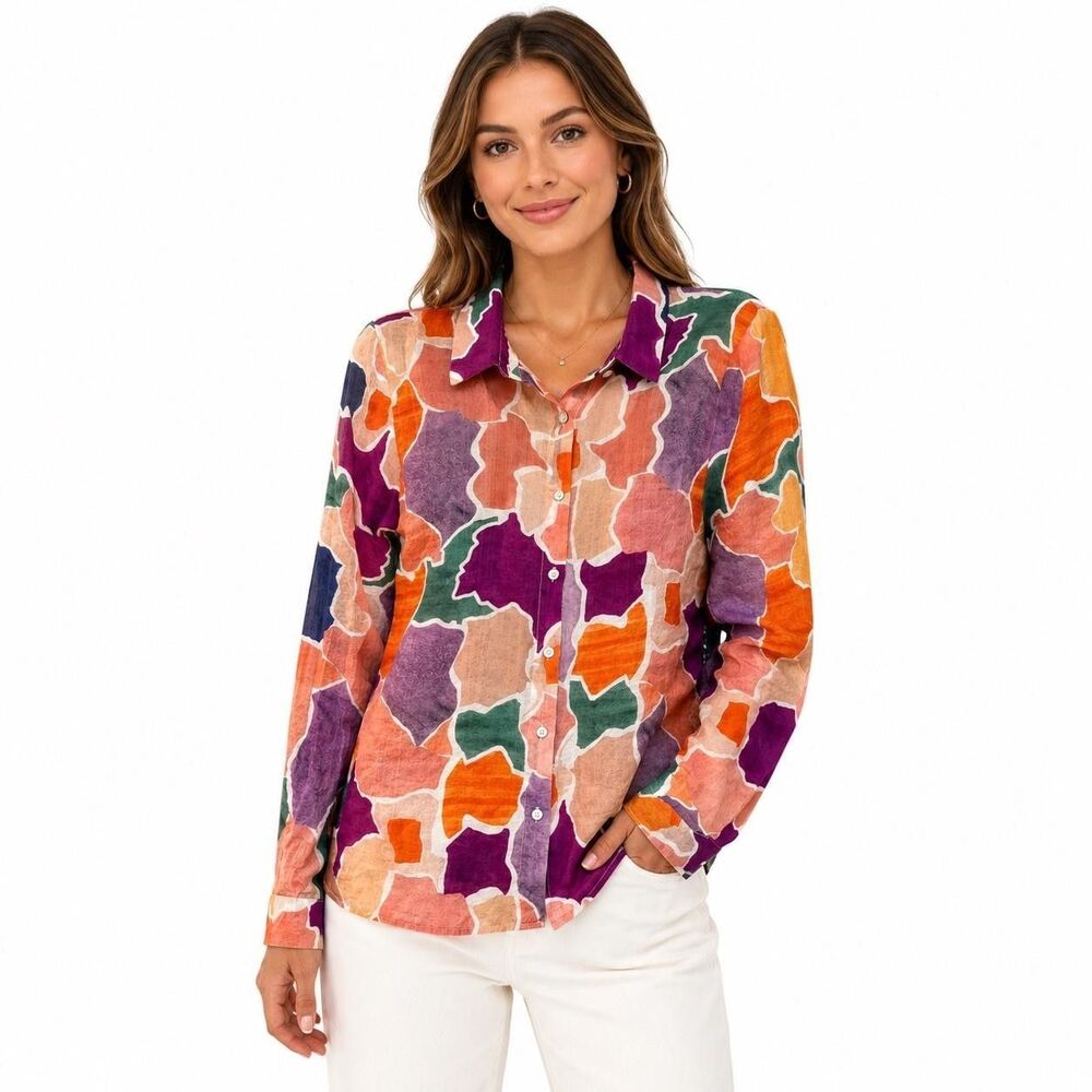 Easy Clothes Shirt Womens Small Multicolor Floral Collared Button Front Top